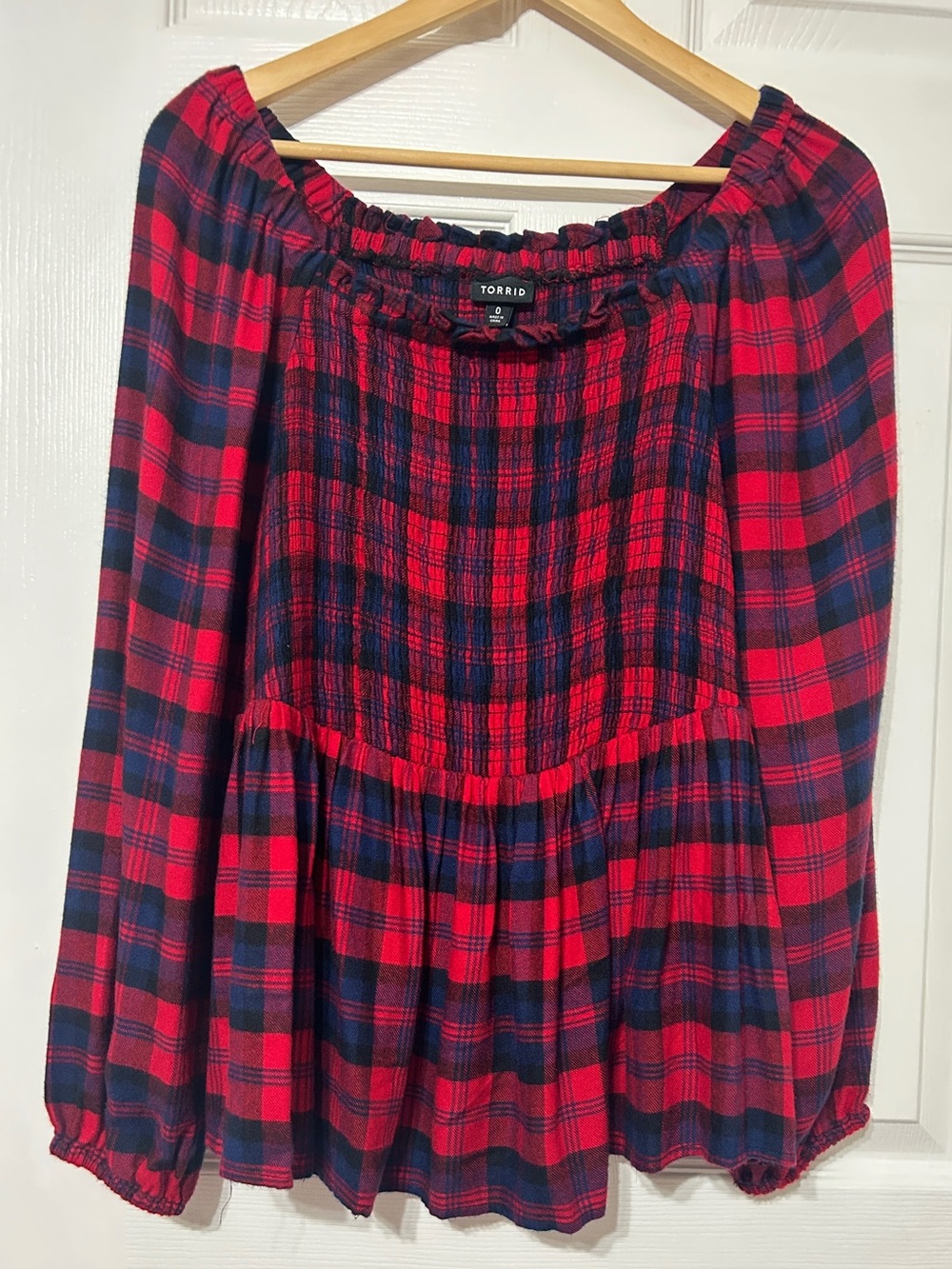 Torrid Red Plaid Flannel Smocked Peplum Top Balloon Sleeves Women’s Size 0-Large